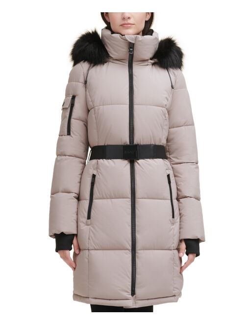 DKNY Belted Faux-Fur-Trim Hooded Puffer Coat