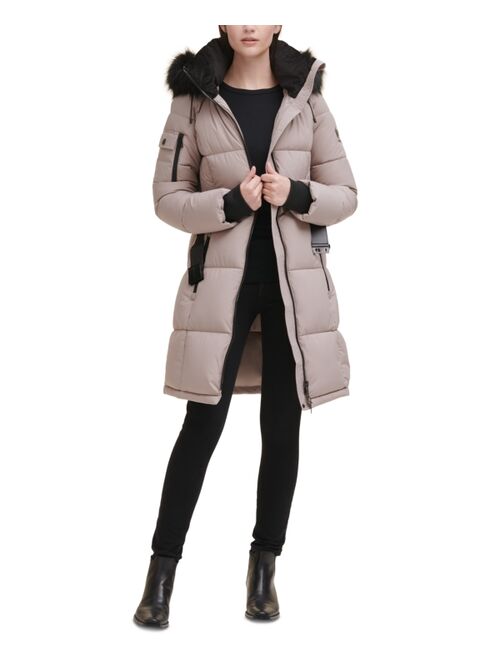 DKNY Belted Faux-Fur-Trim Hooded Puffer Coat