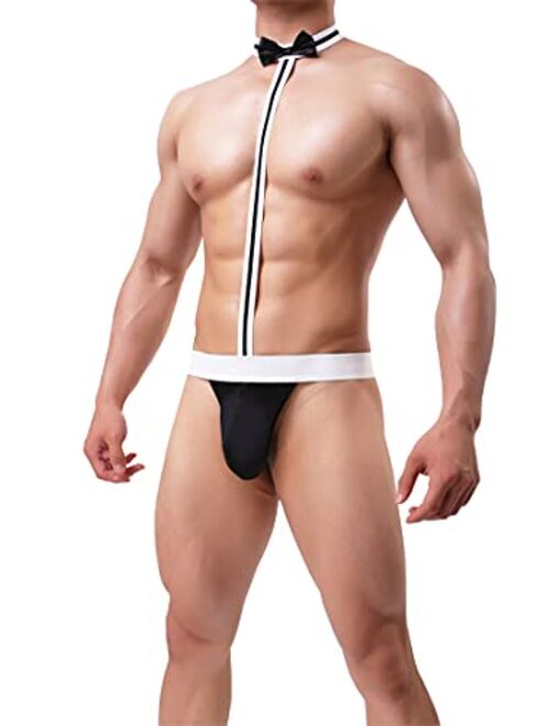 Generic Men's Mankini Costume Suspender Thong Underwear Butler Costume Underwears Sexy Collared Bow Tie Bodysuit