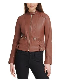Women's Quilted-Shoulder Leather Coat, Created for Macy's