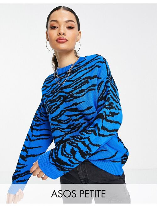 ASOS DESIGN Petite crew neck sweater with animal pattern in blue