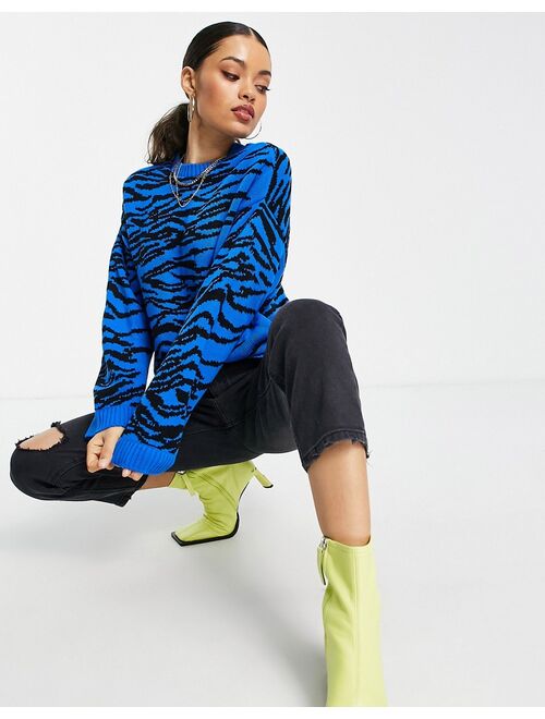ASOS DESIGN Petite crew neck sweater with animal pattern in blue