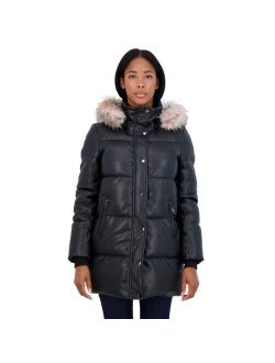 Women's Sebby Collection Faux Leather Hooded Puffer Jacket