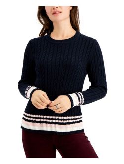 Cable-Knit Striped-Hem Sweater