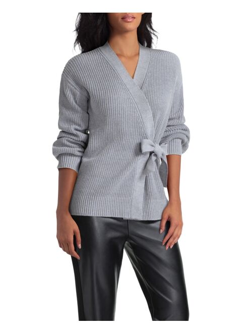 H Halston Women's Long Sleeve Blouson Cuff Tie Front Cardigan Sweater
