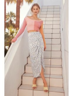 Wild About You Dusty Blue Zebra Print Ruched Midi Skirt