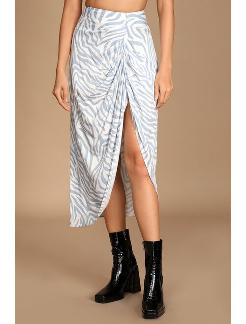 Lulus Wild About You Dusty Blue Zebra Print Ruched Midi Skirt