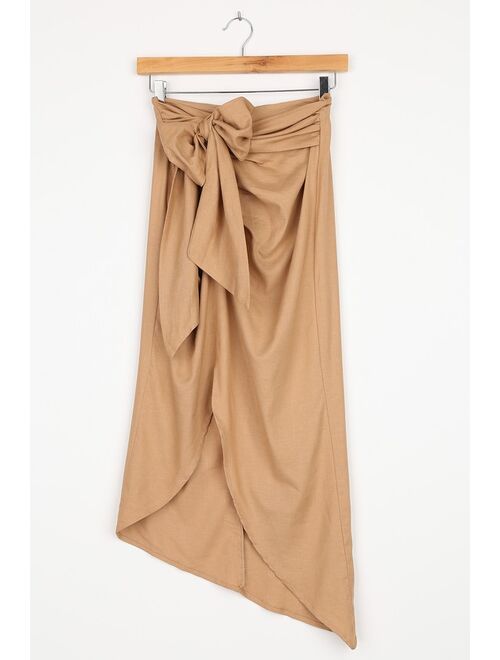 Lulus Take the Chance Tan Faux Wrap Midi Skirt