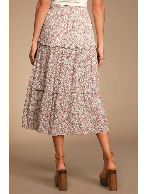 Lulus Frolic Through the Field Ivory Floral Print Tiered Midi Skirt