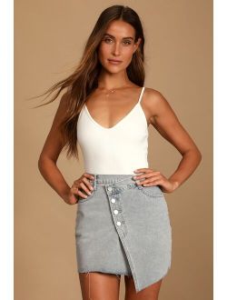 Criss Cross Light Wash Asymmetrical Denim Mini Skirt