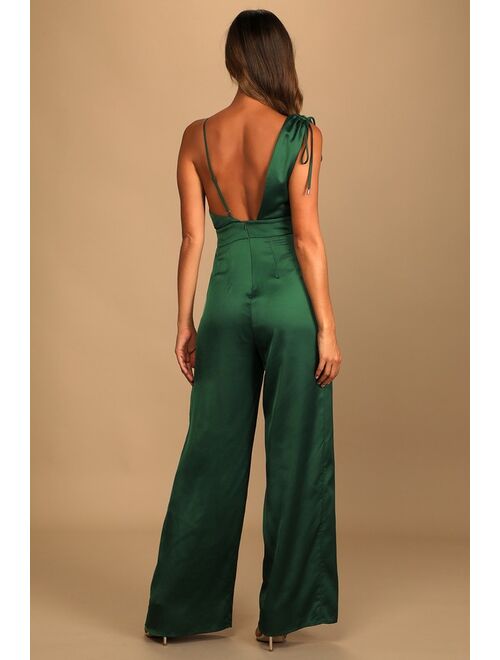 Lulus Look of Luxe Emerald Green Satin Asymmetrical Wide-Leg Jumpsuit
