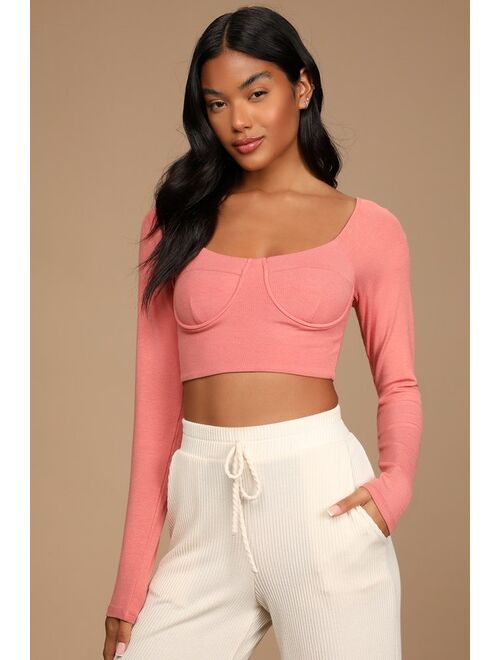 Lulus Lazy Day Vibes Coral Pink Underwire Long Sleeve Crop Top