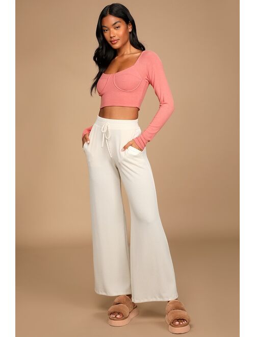 Lulus Lazy Day Vibes Coral Pink Underwire Long Sleeve Crop Top