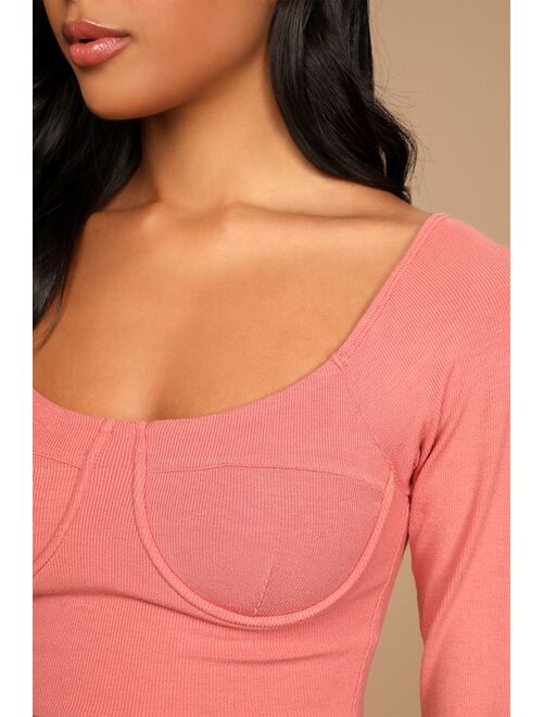 Lulus Lazy Day Vibes Coral Pink Underwire Long Sleeve Crop Top