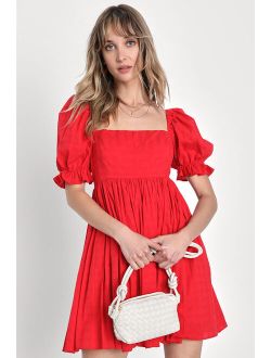 A Day in Paris Red Square Neck Puff Sleeve Babydoll Dress