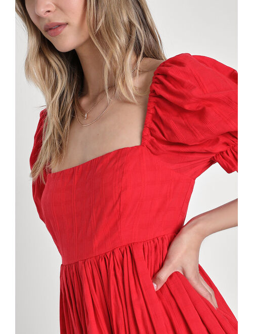 Lulus A Day in Paris Red Square Neck Puff Sleeve Babydoll Dress