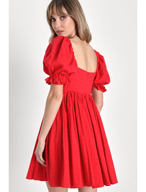 Lulus A Day in Paris Red Square Neck Puff Sleeve Babydoll Dress