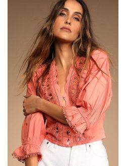 Louella Peach Cotton Embroidered Puff Sleeve Top