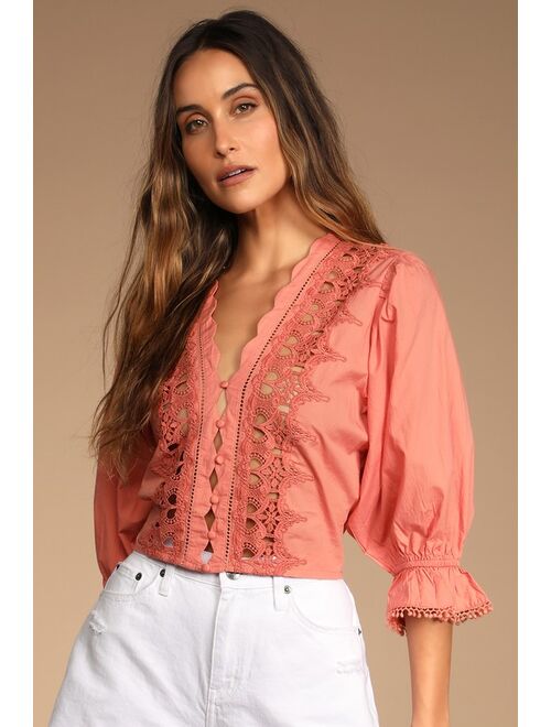 Free People Louella Peach Cotton Embroidered Puff Sleeve Top