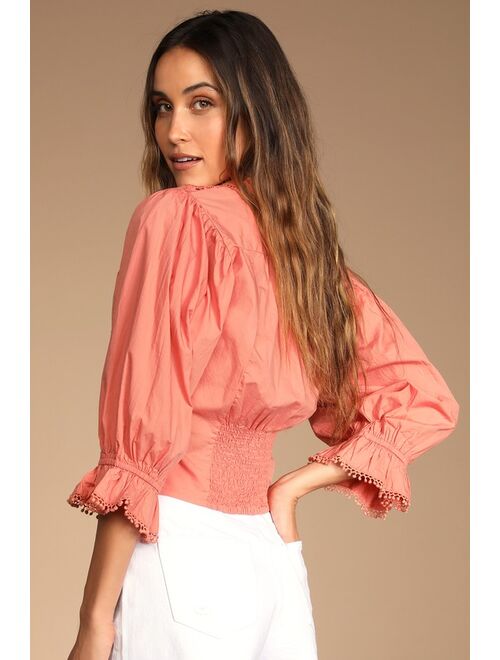 Free People Louella Peach Cotton Embroidered Puff Sleeve Top