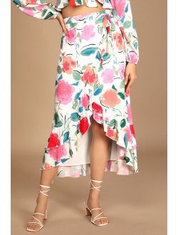Painted Perfection White Floral Print Ruffled Wrap Midi Skirt