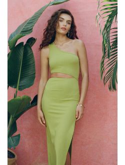 Spice Things Up Lime Green Ribbed One-Shoulder Cutout Midi Dress