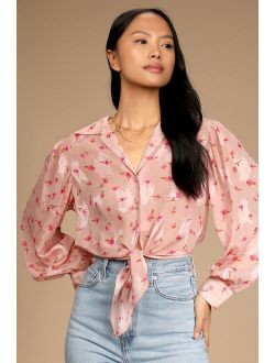 Bloom of One's Own Blush Floral Print Button-Up Tie-Front Top