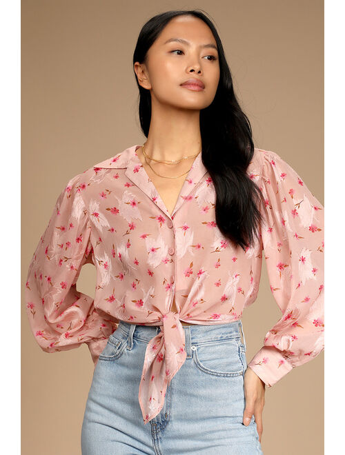 Lulus Bloom of One's Own Blush Floral Print Button-Up Tie-Front Top
