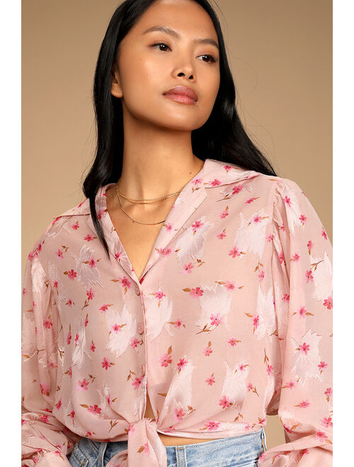 Lulus Bloom of One's Own Blush Floral Print Button-Up Tie-Front Top