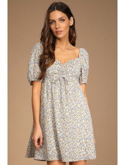 Sweet for Spring Ivory Floral Print Puff Sleeve Mini Dress