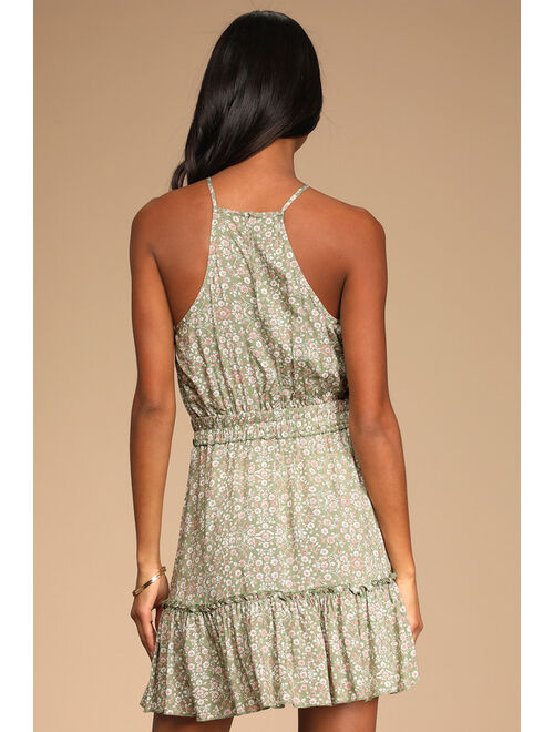 Lulus Lasting Summer Green Floral Print Ruffled Mini Dress