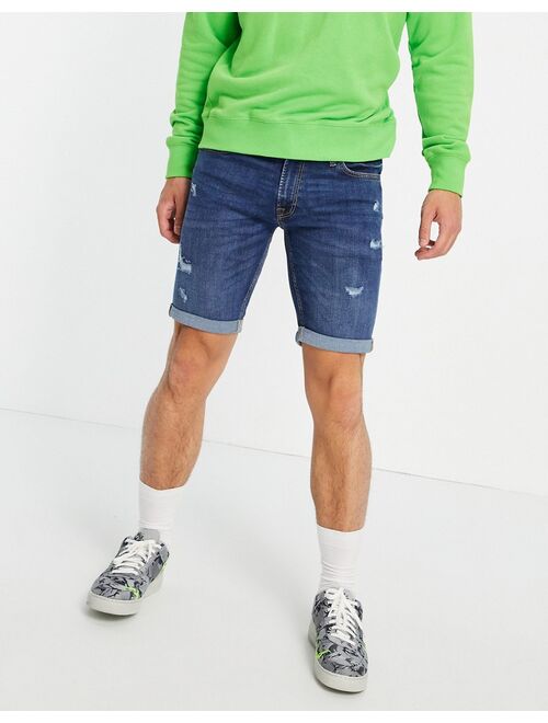 Jack & Jones Intelligence skinny denim shorts with rips in dark blue