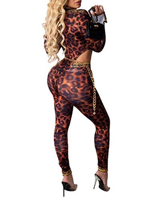 Ekaliy Women's Sexy Long Sleeve Bodycon Two Piece Outfits Deep V Neck Crop Top Long Pants Set Leopard Jumpsuit