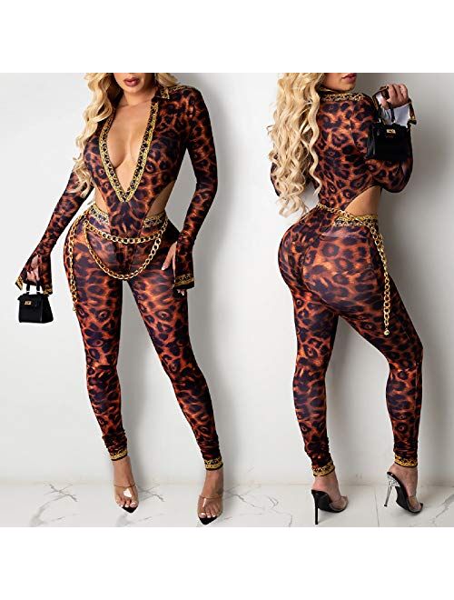 Ekaliy Women's Sexy Long Sleeve Bodycon Two Piece Outfits Deep V Neck Crop Top Long Pants Set Leopard Jumpsuit