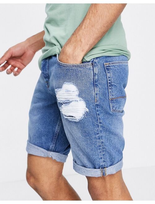 ASOS DESIGN slim denim shorts in mid wash with rips
