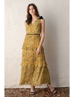 Such Sophistication Yellow Floral Print Pleated Maxi Dress