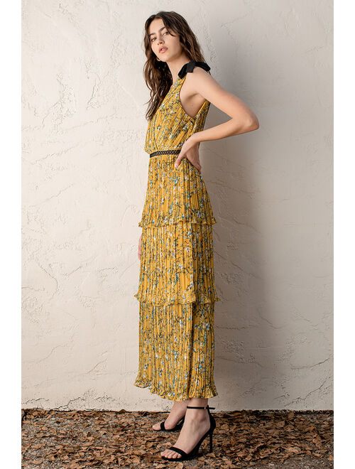Lulus Such Sophistication Yellow Floral Print Pleated Maxi Dress