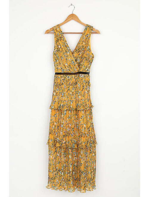 Lulus Such Sophistication Yellow Floral Print Pleated Maxi Dress