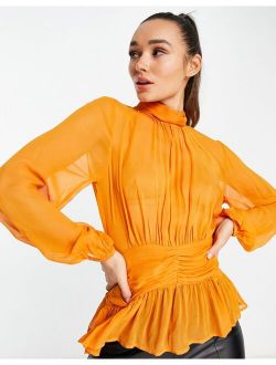 drape front sheer blouse in orange
