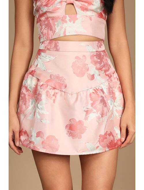 Lulus Belle de Jour Blush Pink Floral Jacquard High-Waisted Mini Skirt