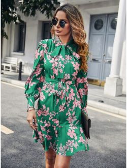 Floral Print Puff Sleeve Ruffle Hem Tie Neck Belted Dress