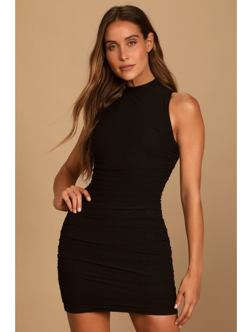 Lulus Modern Movement Black Mesh Ruched Mock Neck Mini Dress