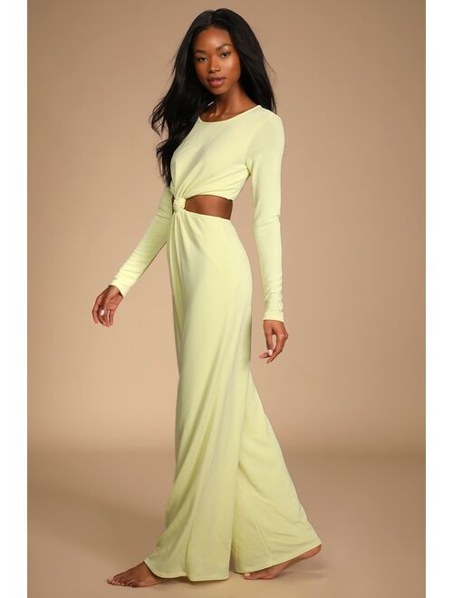 Lulus Chose to Chill Lime Green Long Sleeve Cutout Wide-Leg Jumpsuit