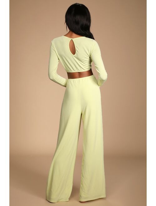 Lulus Chose to Chill Lime Green Long Sleeve Cutout Wide-Leg Jumpsuit