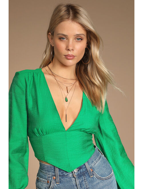 Lulus Mega Stunner Green Long Sleeve Backless Long Sleeve Crop Top