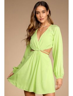Countdown to Spring Lime Green Long Sleeve Cutout Mini Dress