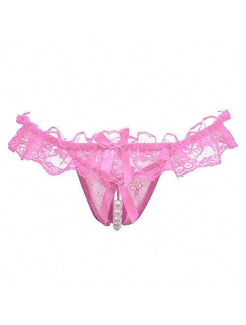 Akovichfarh Women Pearl Lace Bowknot Beads Lace Panties Erotic Thong Lingerie Underwear