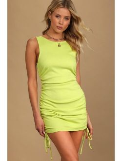 Made to Misbehave Lime Green Ribbed Scoop Back Ruched Mini Dress
