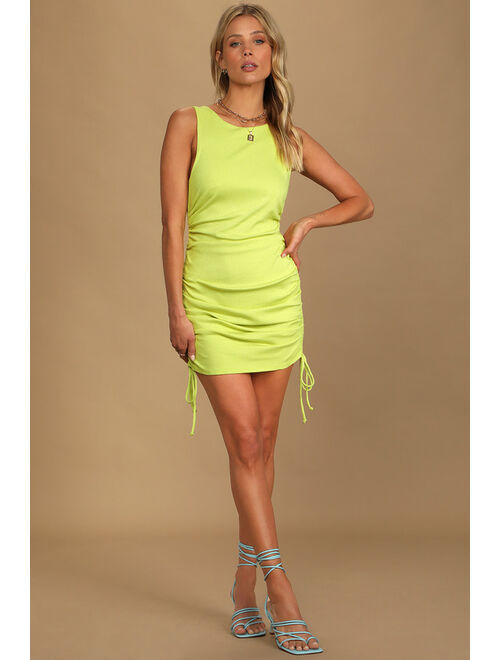 Lulus Made to Misbehave Lime Green Ribbed Scoop Back Ruched Mini Dress