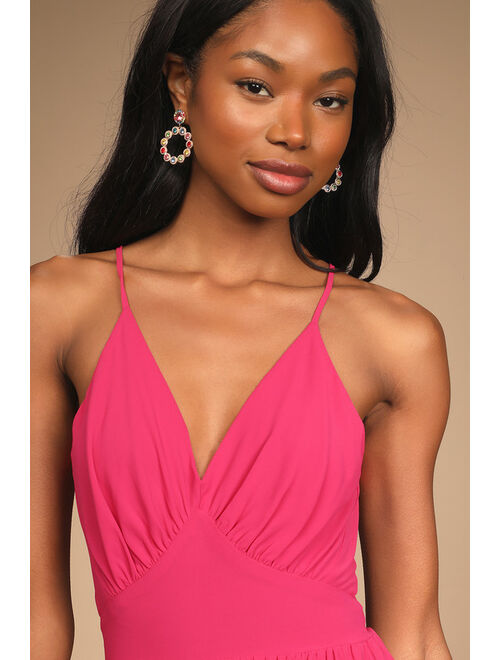 Lulus Being Your Sweetheart Magenta Tie-Back Tiered Midi Dress
